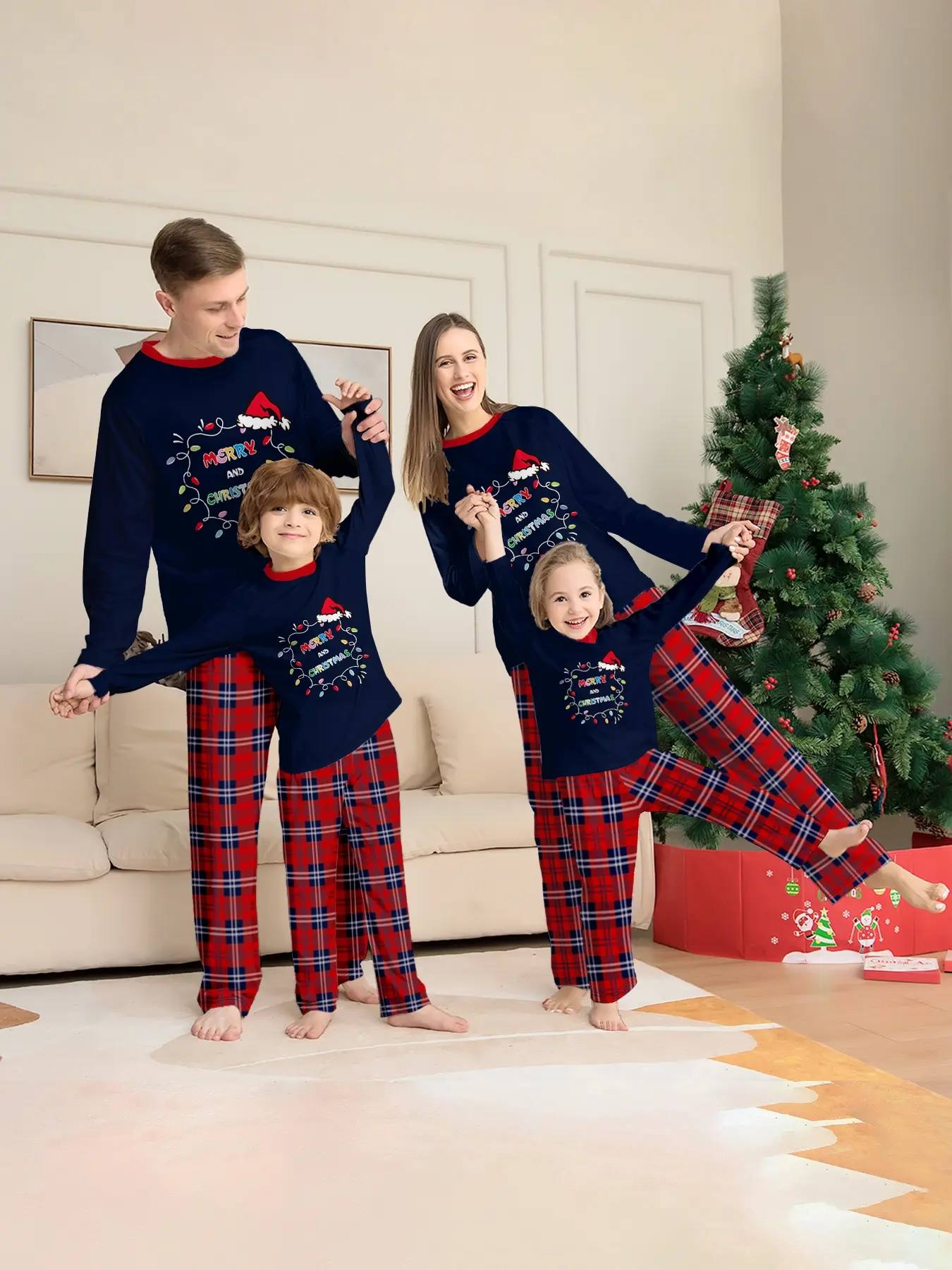 Family Christmas Pajamas Set for Family of 4, 2-Piece Outfit, Christmas Hat Letter Print Soft Knit Loungewear, Breathable Skin-Friendly Sleep Set, Ideal for Christmas Family Photos, Holiday Family Party Outfits, Festive Christmas Gift Family Loungewear
