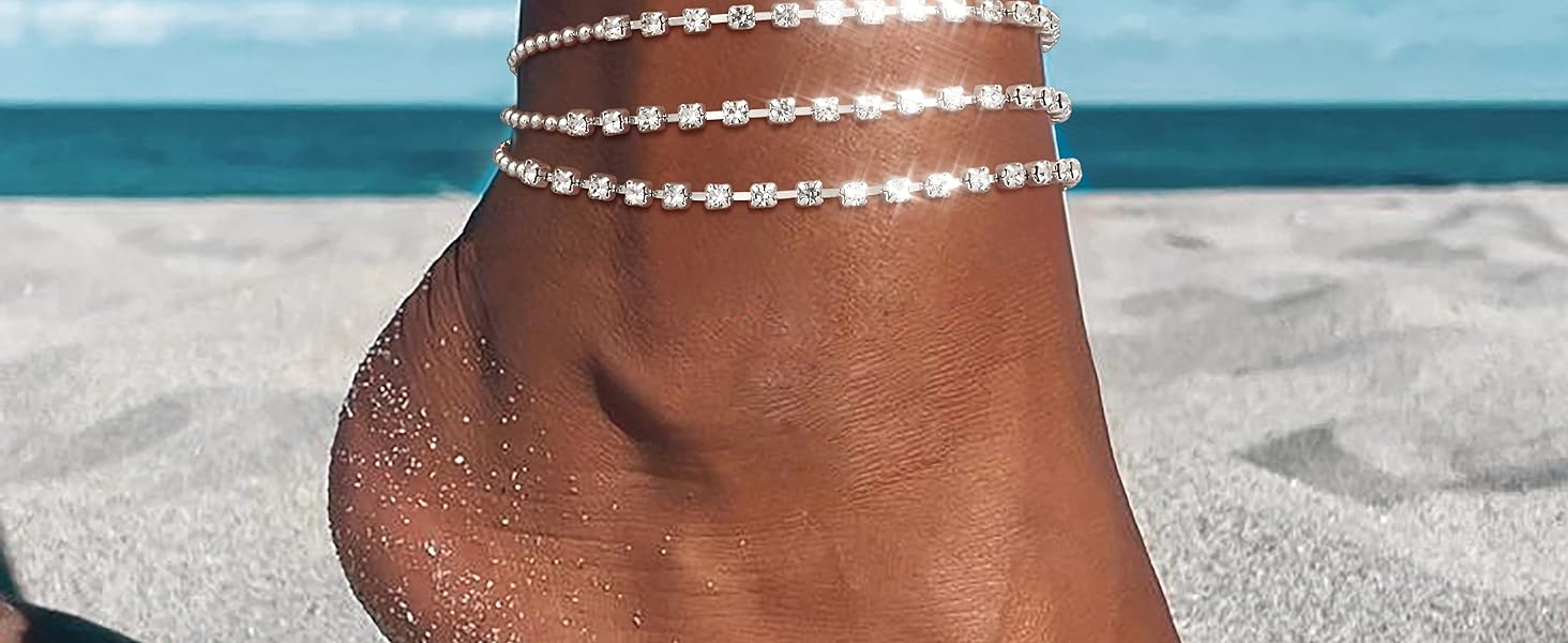 TEWIKY Dainty Layered Waterproof Anklet For Women Adjustable Womens Anklet Set Stackable Figaro BeadedCuban Link Spring Fashion Anklets Beach For Summer