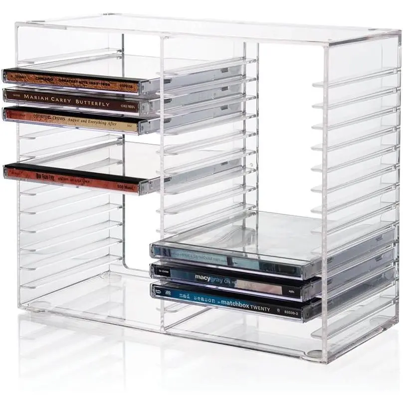 Stackable Clear Plastic CD Organizer with Rubber Feet| Rectangular Jewel Cases Holder Perfect for Theatre Room| Holds up to 30 CD Cases|