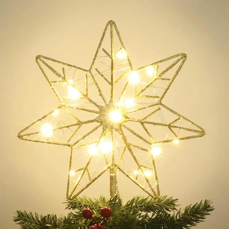 Christmas Tree Topper,  Glittered Hollow 7-Point  Tree Topper, Lighted Wire  with 20 LED Lights for Christmas Treetop, Xmas Tree Topper with Timer, Christmas Tree Decorations