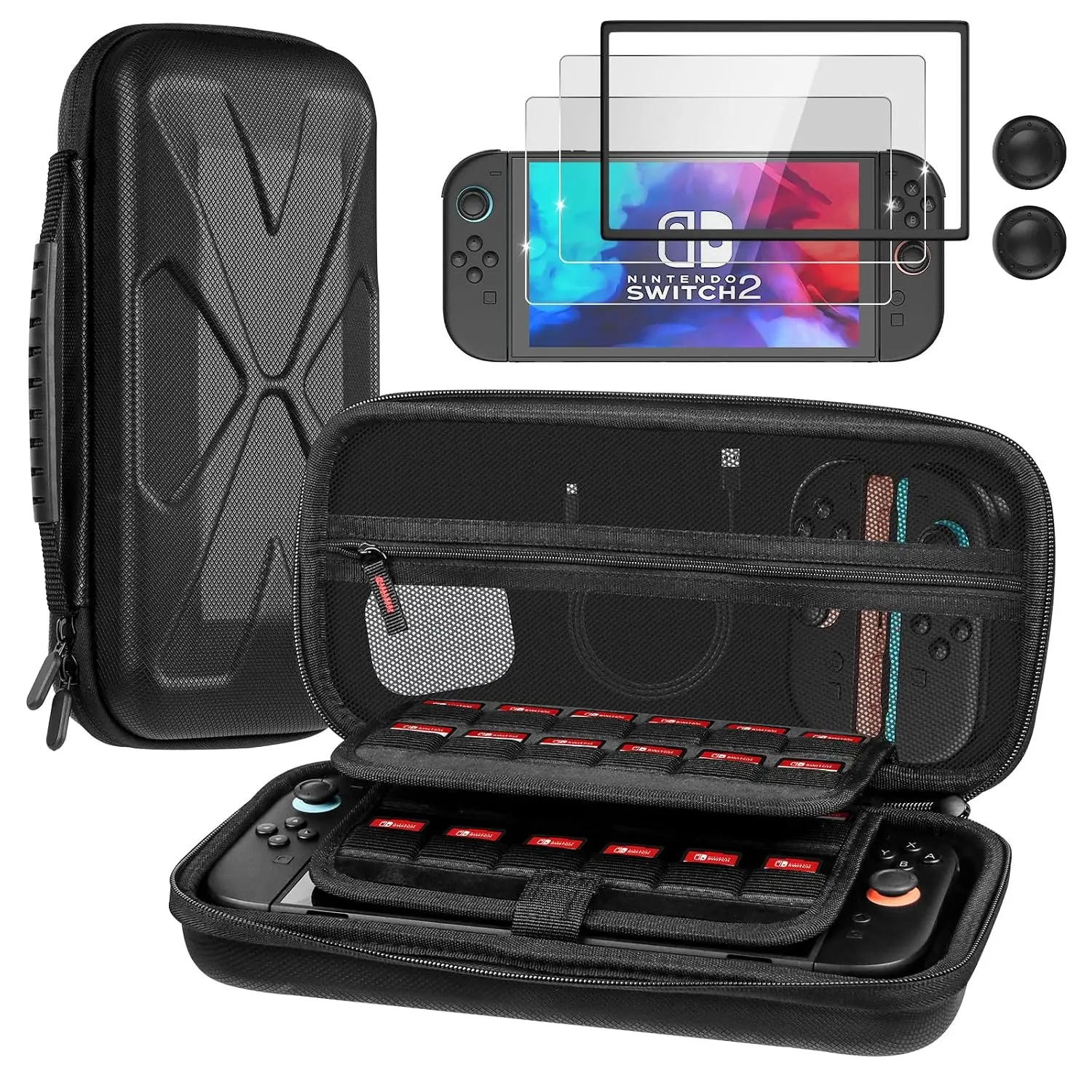for   2 Case Black (2025), Portable Large Capacity Carrying Protective Hard Shell Travel Case, 4 in 1 Accessories Bundle with 2 Screen Protectors, 2 Thumb Grip Caps & Installation Tray