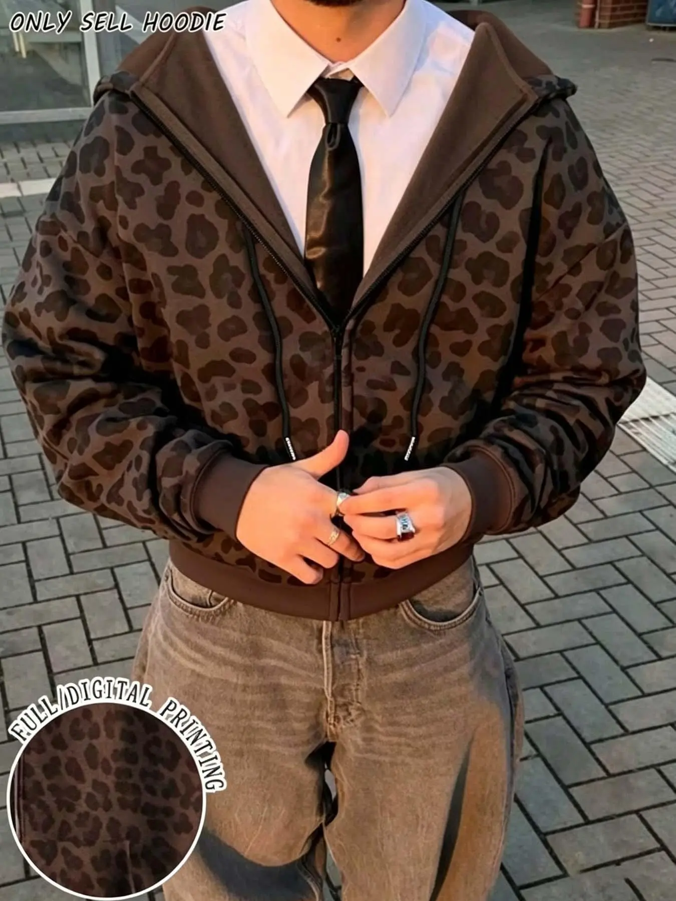 Vintage Leopard Print Zip-Up Hoodie, Maroon Tone Full Print Jacket, Street Style Loose Fit Drawstring Hooded Sweatshirt