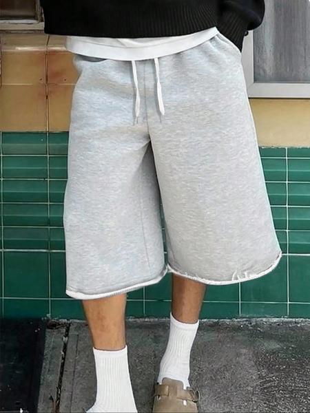 Men's Casual Wide Leg Shorts, Elastic Drawstring Waist, Summer Fitted Plain Sporty Style, Soft Comfortable Daily Wear, Casual Streetwear Shorts