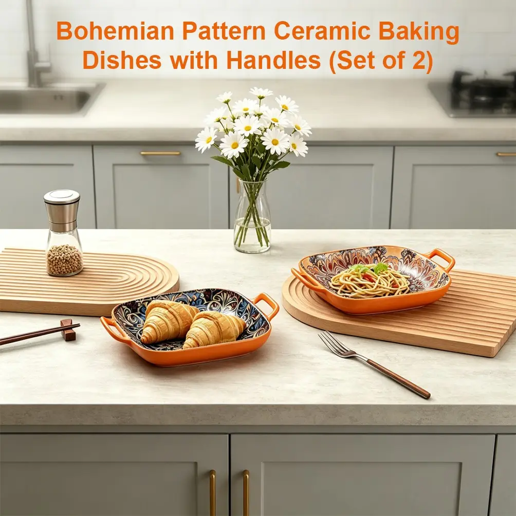 Ceramic Dinnerware Set, 2-Piece Bohemian Style, Dark Color Plates with Dual Handles, Oven & Dishwasher Safe, Elegant Design, Tableware Dish Set