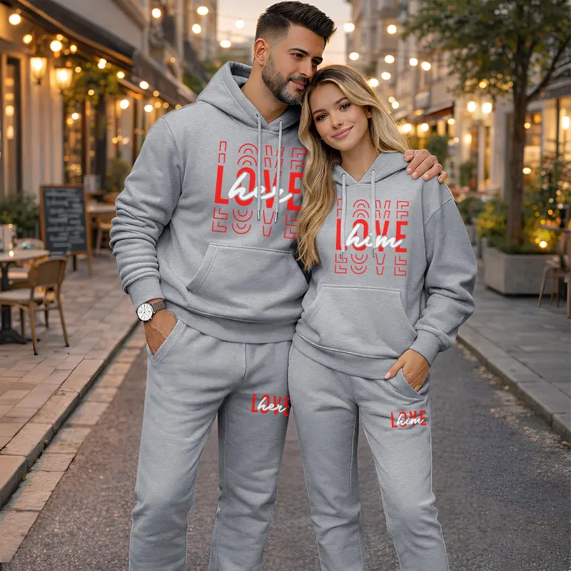 Couple's “LOVE her” and “LOVE him” Print Hoodie and Sweatpants Set, Casual Sportswear, Long-Sleeve Hooded Jacket and Pants, Suitable for Autumn, Winter, and Spring, Everyday Wear, Tracksuit