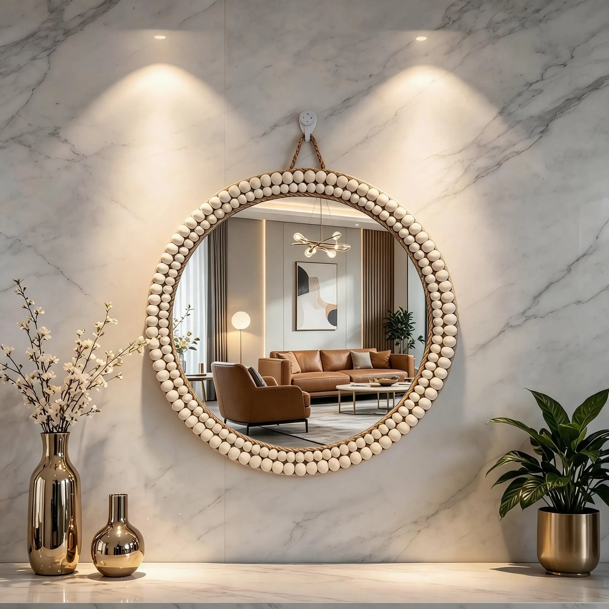 1Pc Boho Round Rope Bead Wall Mirror, Mirrors for Wall, Natural Woven Decorative Hanging Mirror, Bohemian Aesthetic Room Decor for Bedroom Living Room Entryway, Wall Mount Mirror