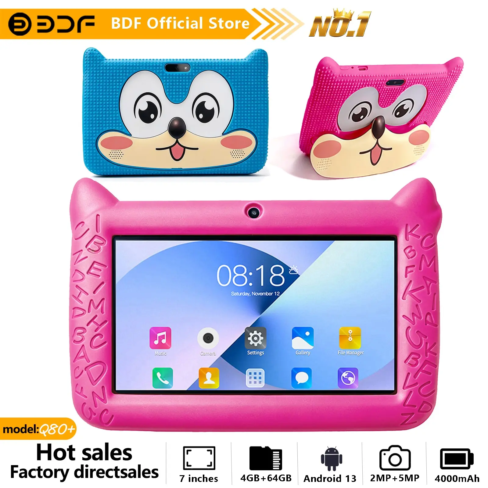 Bdf 7-Inch Android 13 Tablet with Education Software, USB Charging, Quad-Core Processor, 4GB RAM, HD IPS Display, 64GB Storage, 4000mah Battery