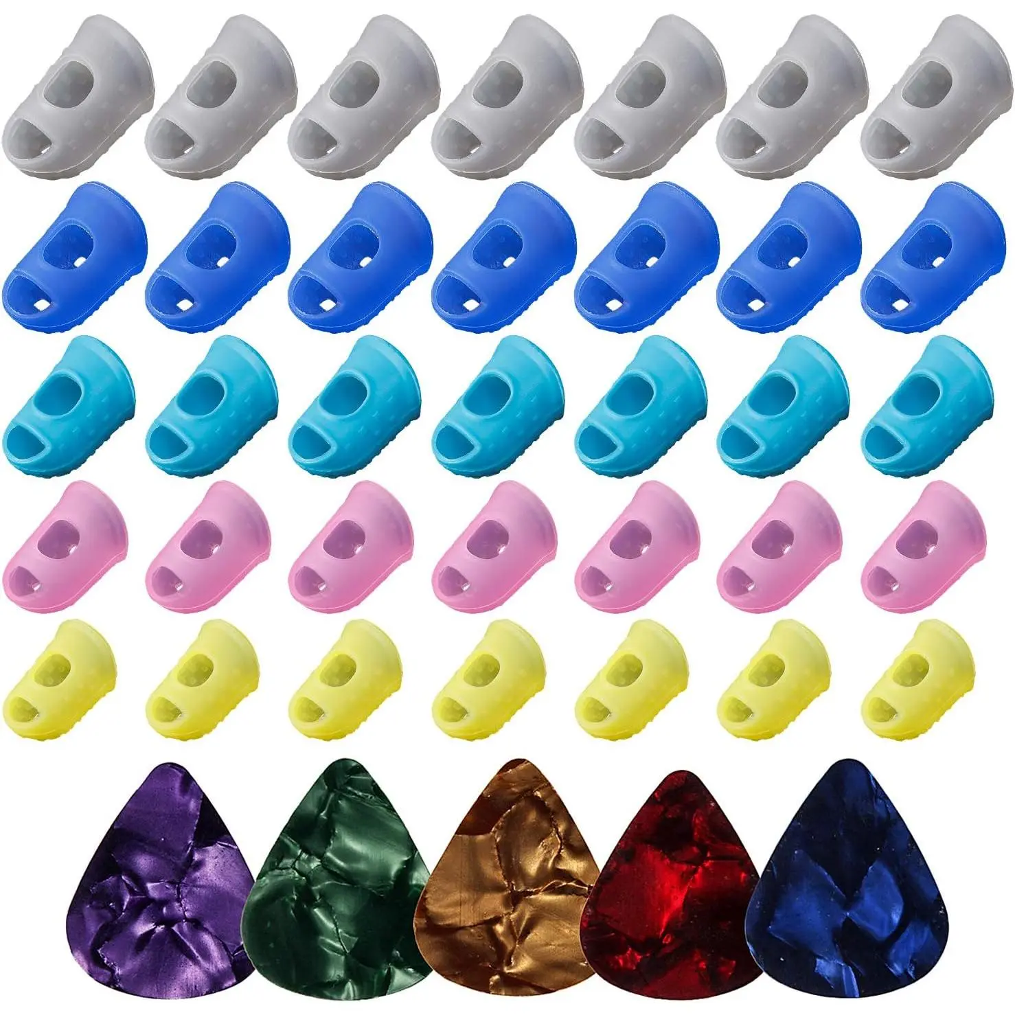 40 count  Guitar Finger Guards 5 Sizes Fingertip Protectors | Finger Covers Caps, 5 Guitar picks, For Acoustic Stringed Instruments Players, Sew Embroidery Use, Anti Slip