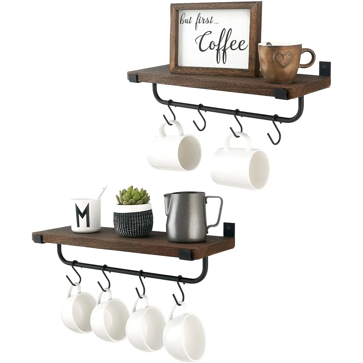 Mkono 2-Piece Rustic Brown Wall-Mounted Mug Holder Set - Floating Wood Shelves with Metal Hooks, Organiser for Coffee/Tea Cups, Cooking Utensils, Easy Installation, Home Kitchen Decor