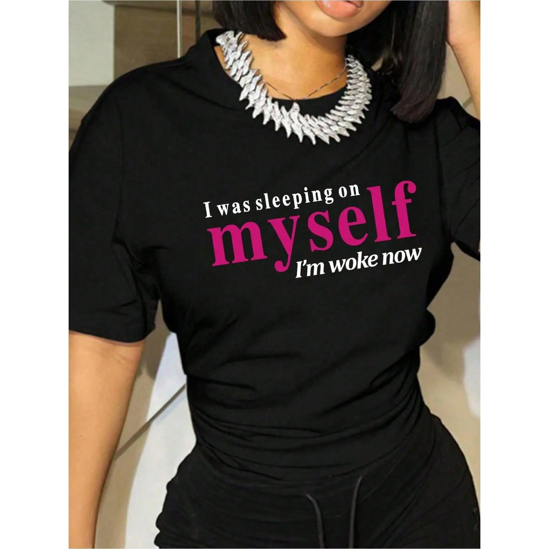 Women's Slogan Printed Casual Short Sleeve T-Shirt I Was Sleeping On Myself I'm Woke Now sport funny sarcastic trendy day gift