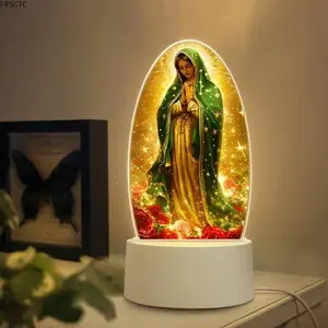 2026 New Arrival 1-Pack USB Powered Acrylic Prayer LED Lamp, Golden Halo & Rose Design Energy Saving Light with Stable Base, Elegant Spiritual Home Decor Gift for New House & Baptism Ceremony