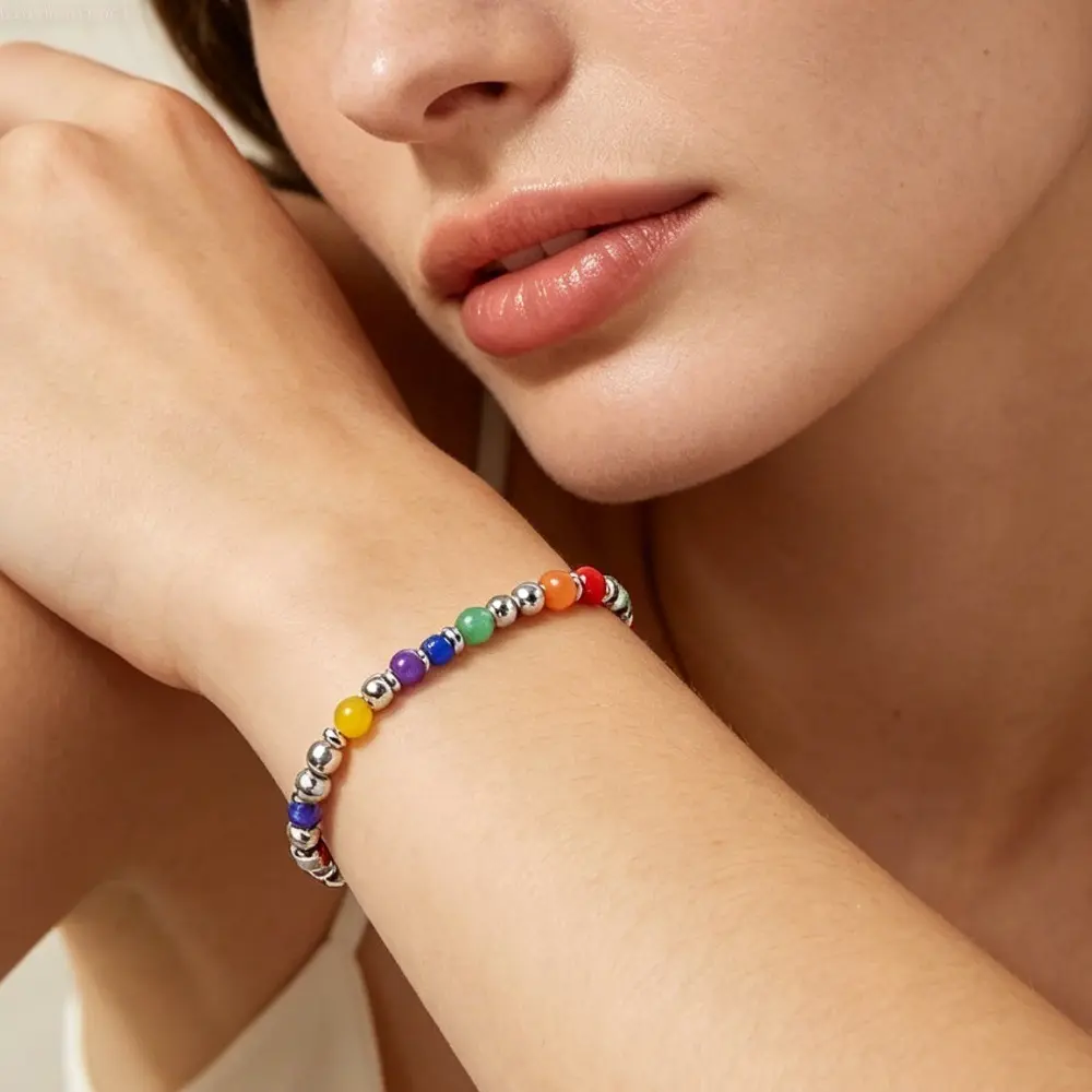 Women's Ethnic Round Beaded Bracelet - Plastic Alloy Beads, Silver Spacer Tubes, Elastic 1-Size Wristband, Dopamine Summer Beach Jewelry for Women, Female Friendship Gift, Round Beads