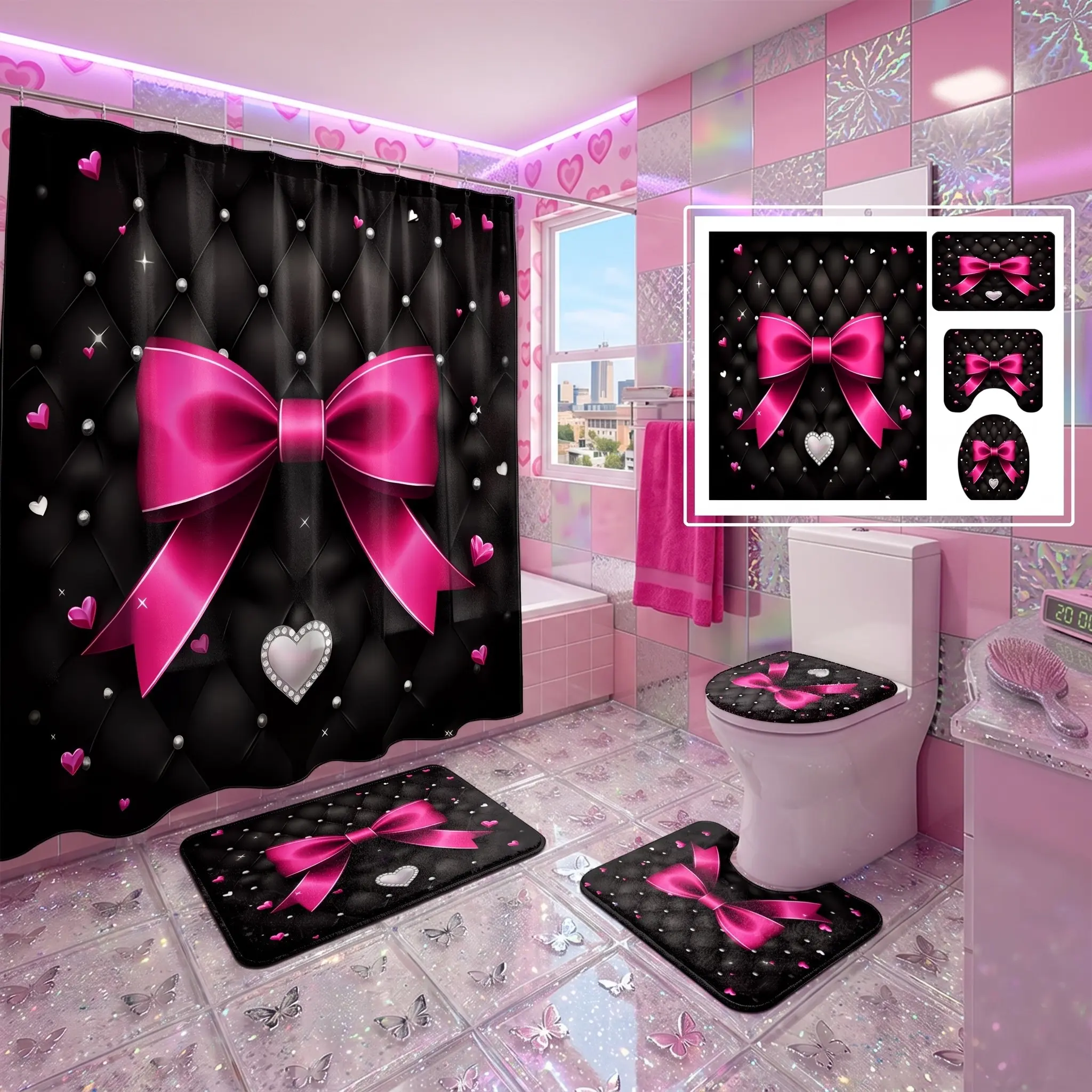 4pcs Hot Bow Shower Curtain Set for bathroom with Rugs, Glitter Diamond Love Heart, Quilted Texture, Bath Mat and Toilet Lid Cover,The floor mat fabric is thicker and softer!  Valentine Bathroom Accessories