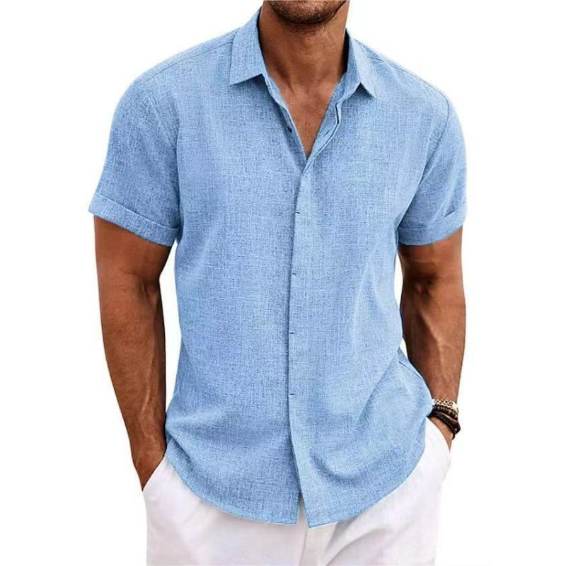Men‘s Double Placket Cotton Linen Short Sleeve Shirt Premium Solid Color Button Front Summer Top