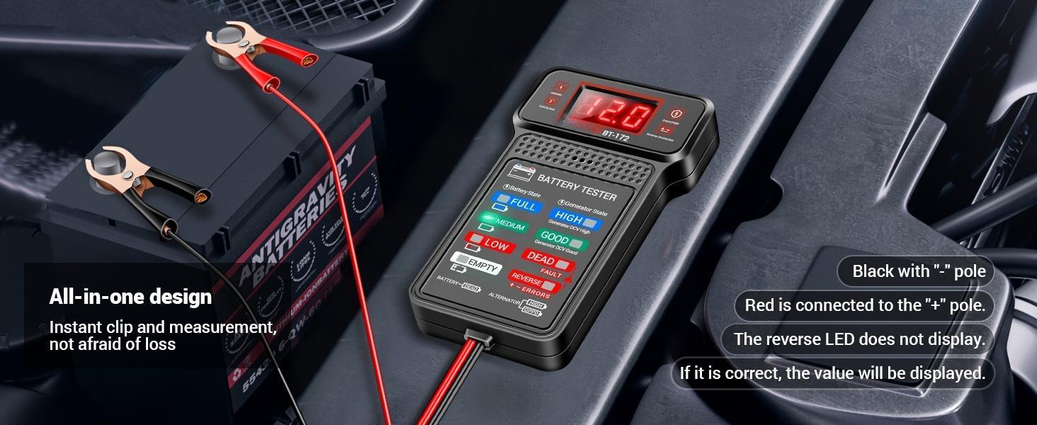 Car Battery Tester,12V Digital Automotive Batteries Tester,Alternator Charging Analyzer,Voltmeter with LCD Display and LED Indication, Voltage Indicator for Car Truck Motorcycle Electrical Tools