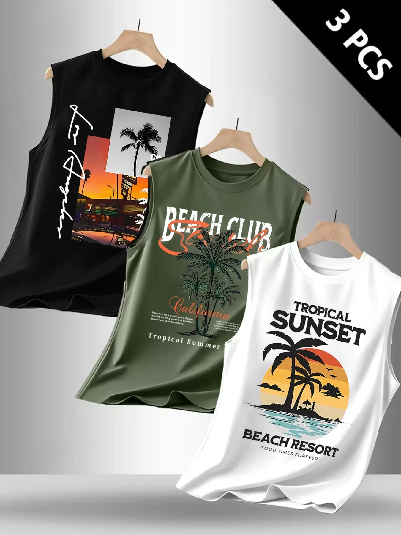3-Pack Men's Summer Tank Tops, Palm Tree & Tropical Sunset Print, Casual Fitted Sleeveless, Long H-Type, Ideal for Beach, Gym, Streetwear, Menswear, Fitness Tank Tops