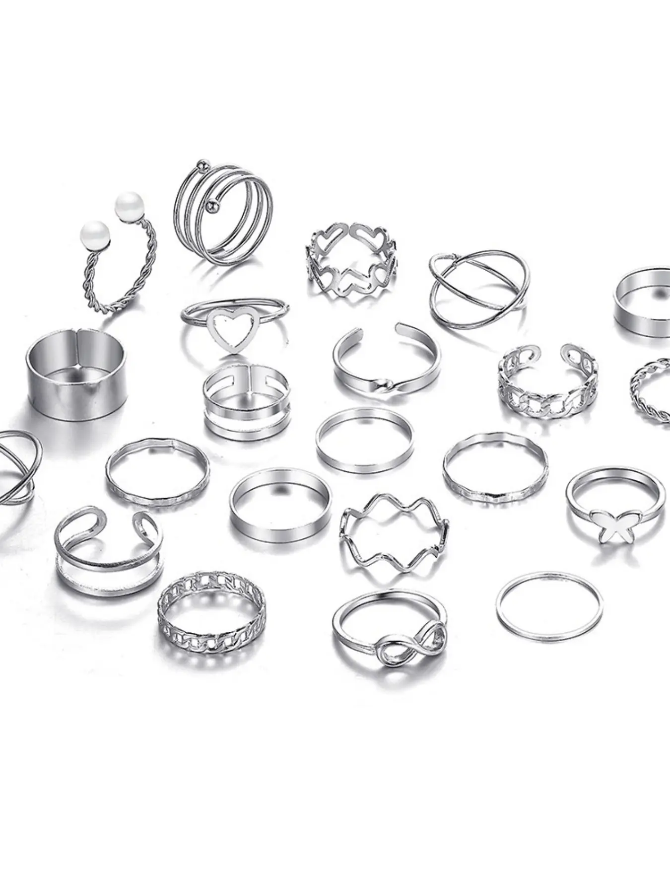 Women's 22pcs Knuckle Ring Set, Silver & Stainless Steel Midi Rings, Adjustable Open Design, Casual Style, Fashion Interlocked Stackable Rings