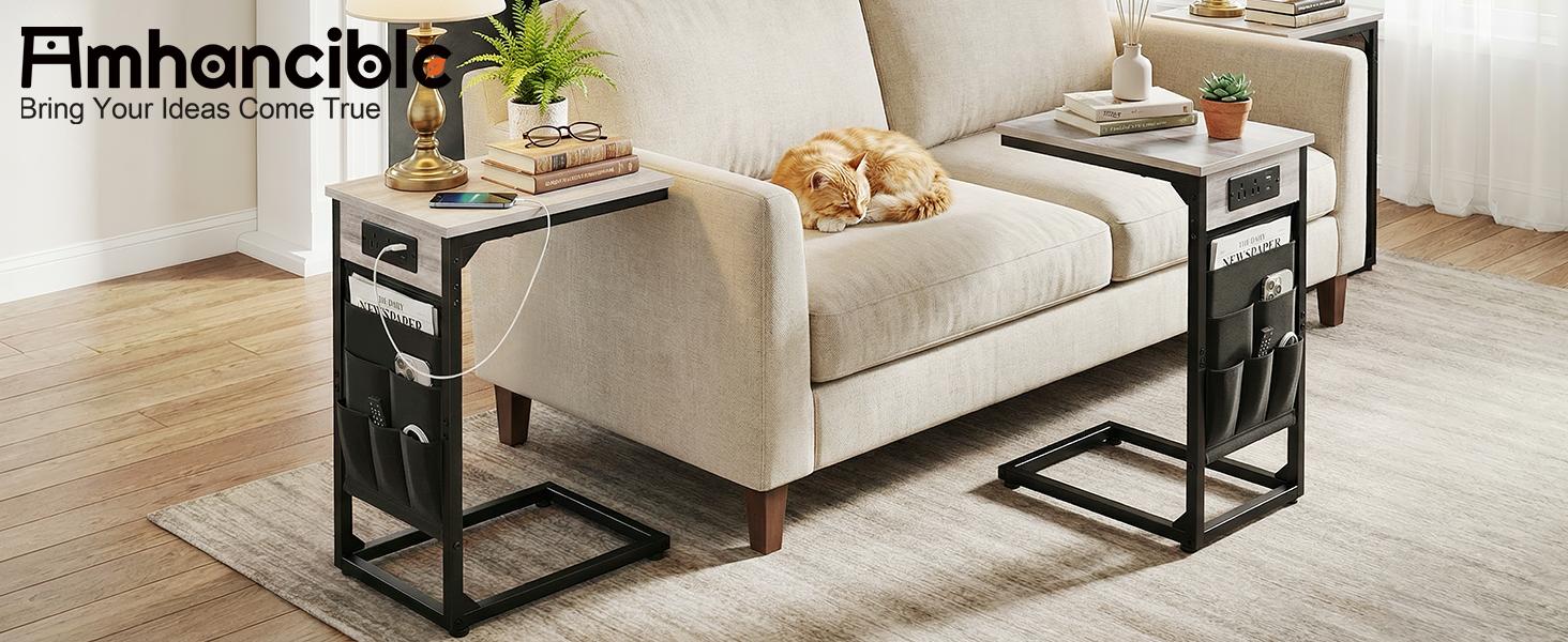 Shaped End Table , TV Tray Set of 2, Couch Tables with Storage Bag, Slide Under Sofa Side Table with USB Ports and Outlets for Living Room, Grey HET04CGY