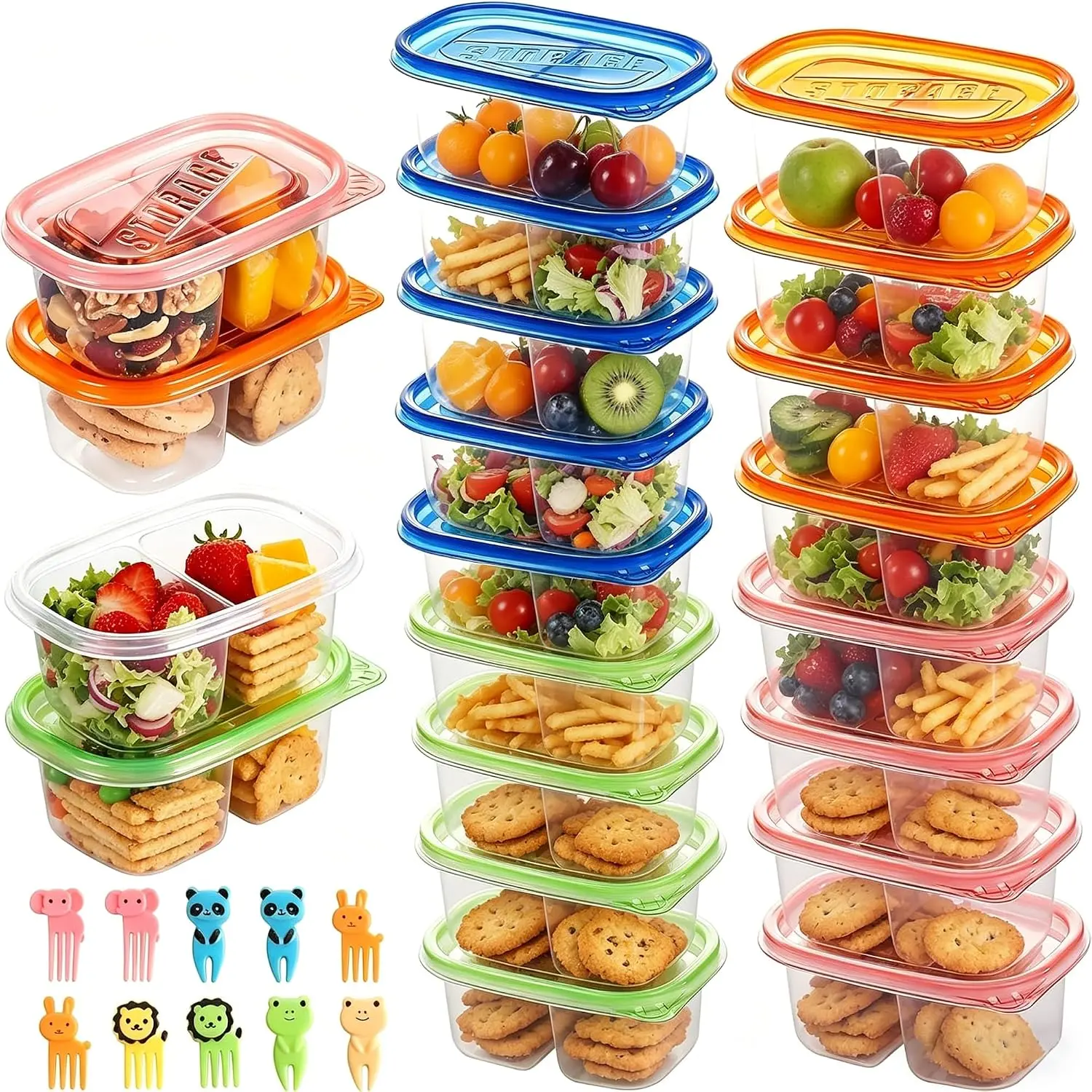 20 count  Snack Containers with  Portion Control, Camping Essentials,Meal Prep Containers for  Adults, 10 Forks, Double Compartment Snack Containers for Travel (4 Color)