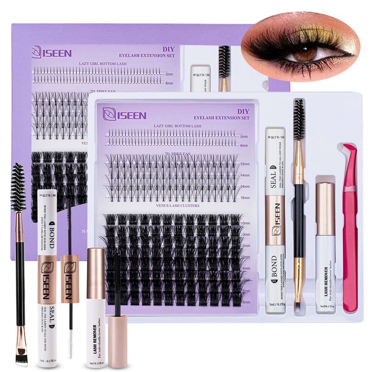False Eyelashes Kit, 1 Set D Curl Eyelash Clusters, Fluffy Eyelash Clusters with Eyelash Glue, Remover, Brush & Tweezers, Eyelash Extension Kit for Women & Girls