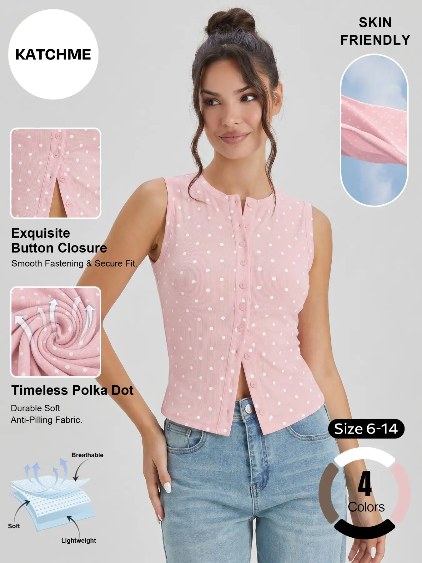 Women's Casual Polka Dot Buttonless Sleeveless Top, Lightweight Stretch Anti-Pilling Soft Vest, Tank Top, Summer Wear, Breathable, Daily Fashion #TikTokMadeMeBuyIt #CasualTop #CasualChic