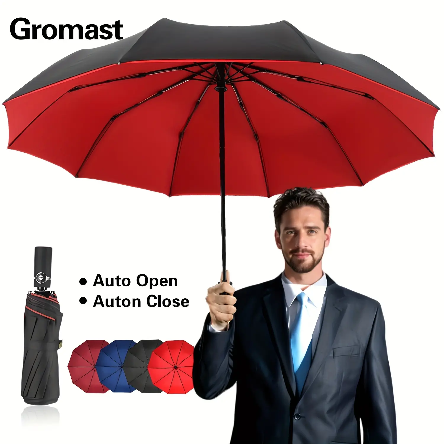 Cast Iron Minimalist Outdoor Rain Umbrella, 10-Rib Large Sturdy Windproof Automatic Folding Gear Shift Sunshade Umbrella