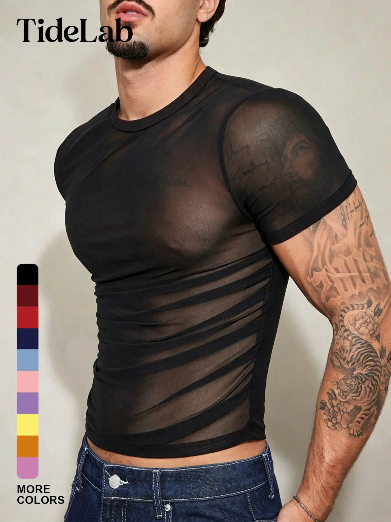 Unisex Sexy Mesh T-Shirt, Tight-Fitting Round Neck Side Stripe Pleated Semi-Transparent Short Sleeve Top, American Style Fashion