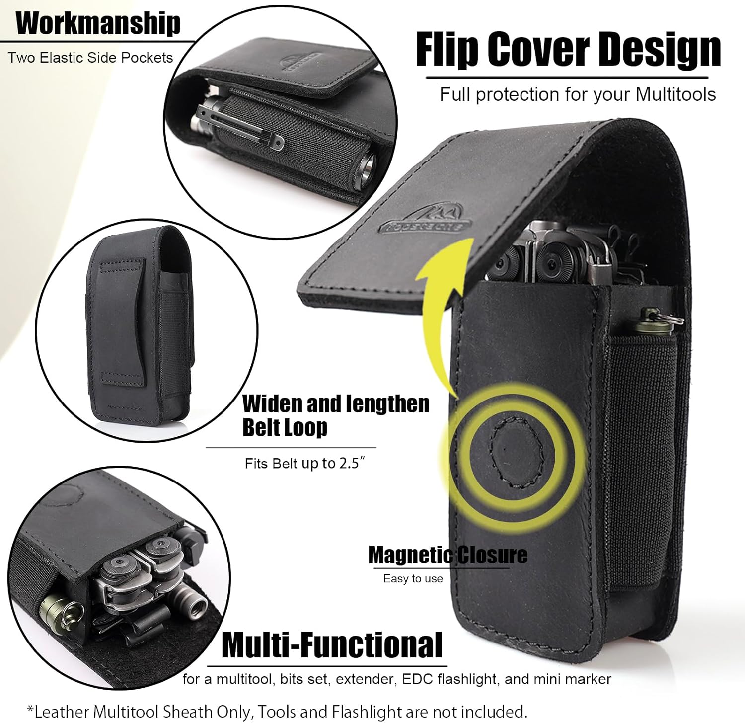 Leather Multitool Sheath for Belt - Multitool Holster for Belt - Leather Multitool Pouch Fits Folding Tool -  Closure EDC Belt Organizer - EDC Belt Pouch - Multitool Holder, Black