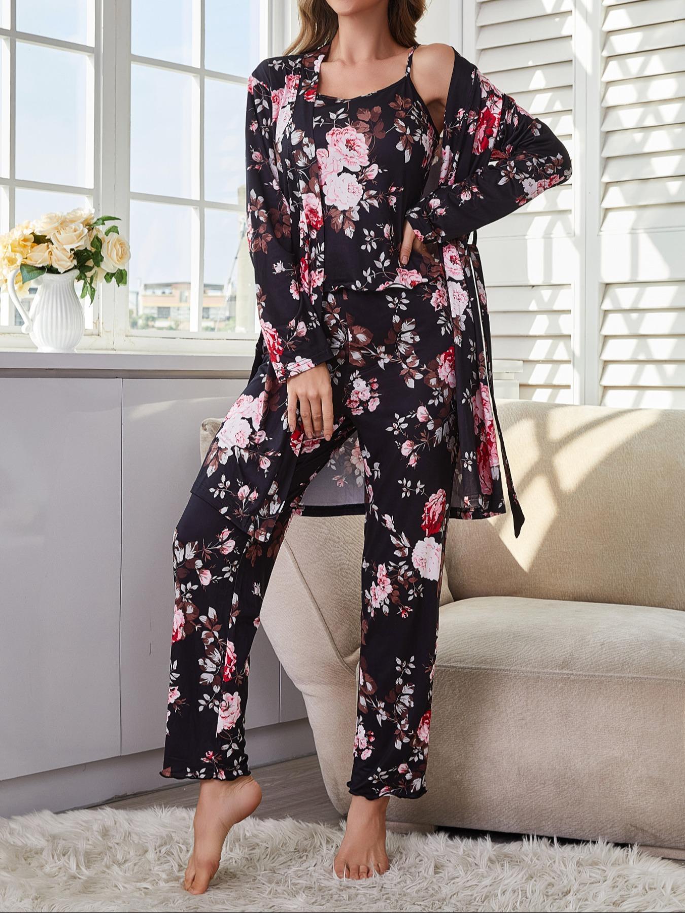 Women's All Over Floral Print Pajama Set, Long Sleeve Open Front Outwear & Pants & Cami Top, Casual Comfy Fitted Sleepwear Set for Women, Loungewear, Knit, Camisole Women's All Over Floral Print Pajama Set, Long Sleeve Open Front Outwear & Pants & Cami Top, Casual Comfy Fitted Sleepwear Set for Women, Loungewear, Knit, Camisole