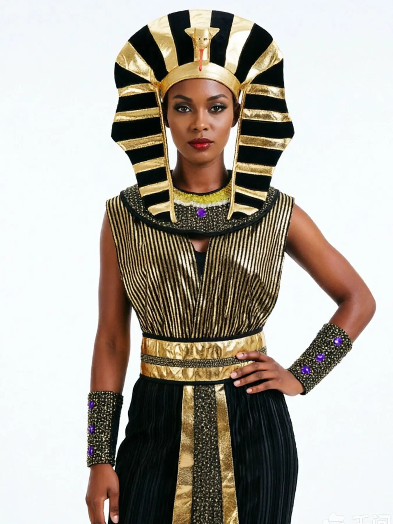 Black Gold Striped Egyptian Cleopatra Costume Set Dress Headwear Arm Cuffs Party Photo Cosplay