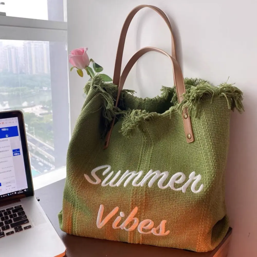 Street Style Canvas Tote Bag for Women, Large Capacity Shoulder Bag with Frayed Fringe, Letter Embroidery, and Faux Leather Handle for Holiday Shopping, Handbag, Slip On, Chic, Cute, Double Handle, Elegant, Korean, Cold Wash