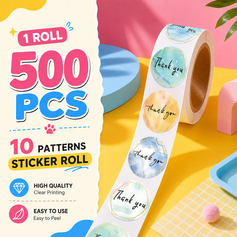 500PCS/Roll Thank you Sticker Roll, 10 Designs Aesthetic Decorative Sticker Tape, Self Adhesive Journaling Stickers for Notebook, Laptop, Phone Case and Daily Decoration