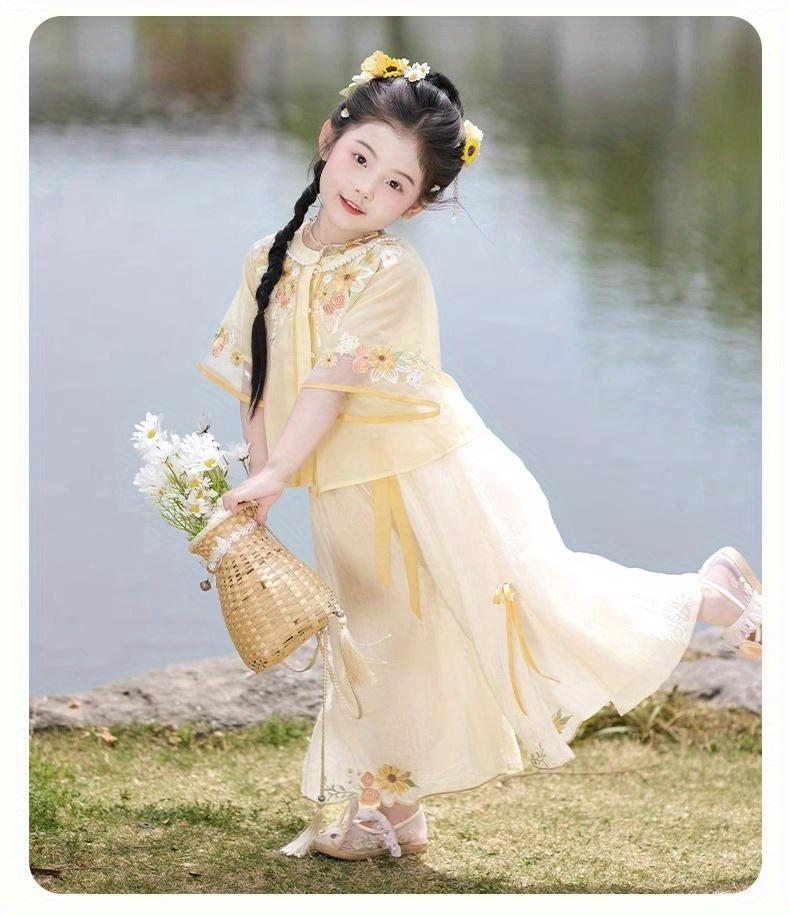 NewXingkui Girls' Outfit New Chinese Hanfu 2025 Summer Latest Super Cute Tang Dress Fashionable Summer Attire for Back to School, Chinese Size, Please Check The Size Guide Carefully