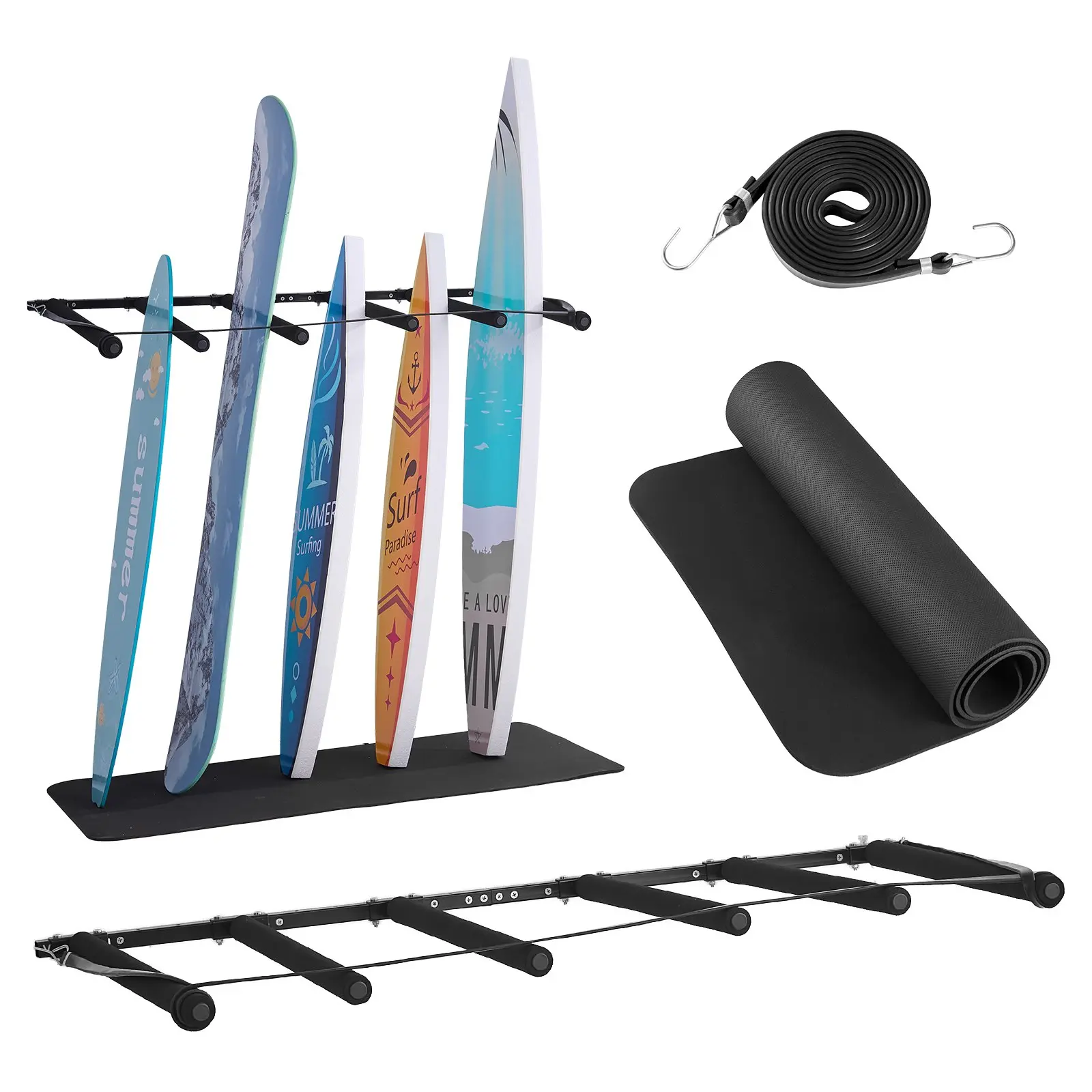 VEVOR Sturdy Rust-Resistant Wall-Mounted Metal Organizer, 5-Tier Vertical Surfboard Storage & Display Rack, Adjustable Surface-Mount Holder with Sponge Pad for Shortboards, Snowboards