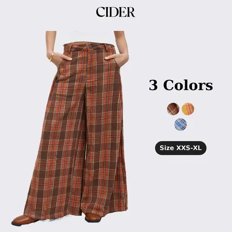 Cider Flannel Check Button Wide Leg Trousers, Loose Fit Comfortable Trousers, Trendy Street Style Daily Wear