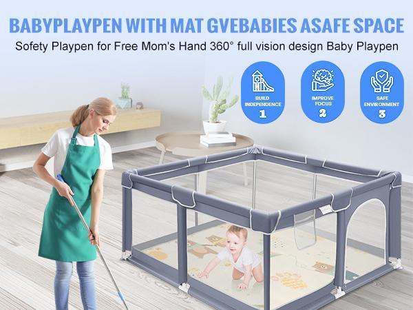 Baby Playpen with Anti-Slip Mat, Indoor&Outdoor Playard Kids Activity Center with Gate, Sturdy Safe Baby Fence for Infants & Toddlers, 2 Pull Rings for Baby Standing & Walking Learning