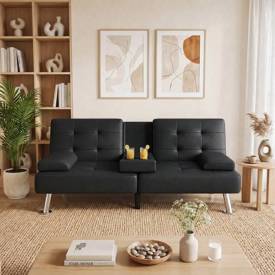 Modern Faux Leather Futon Sofa Bed For Living Room Convertible Folding Adjustable Recliner With 2 Cup Holders