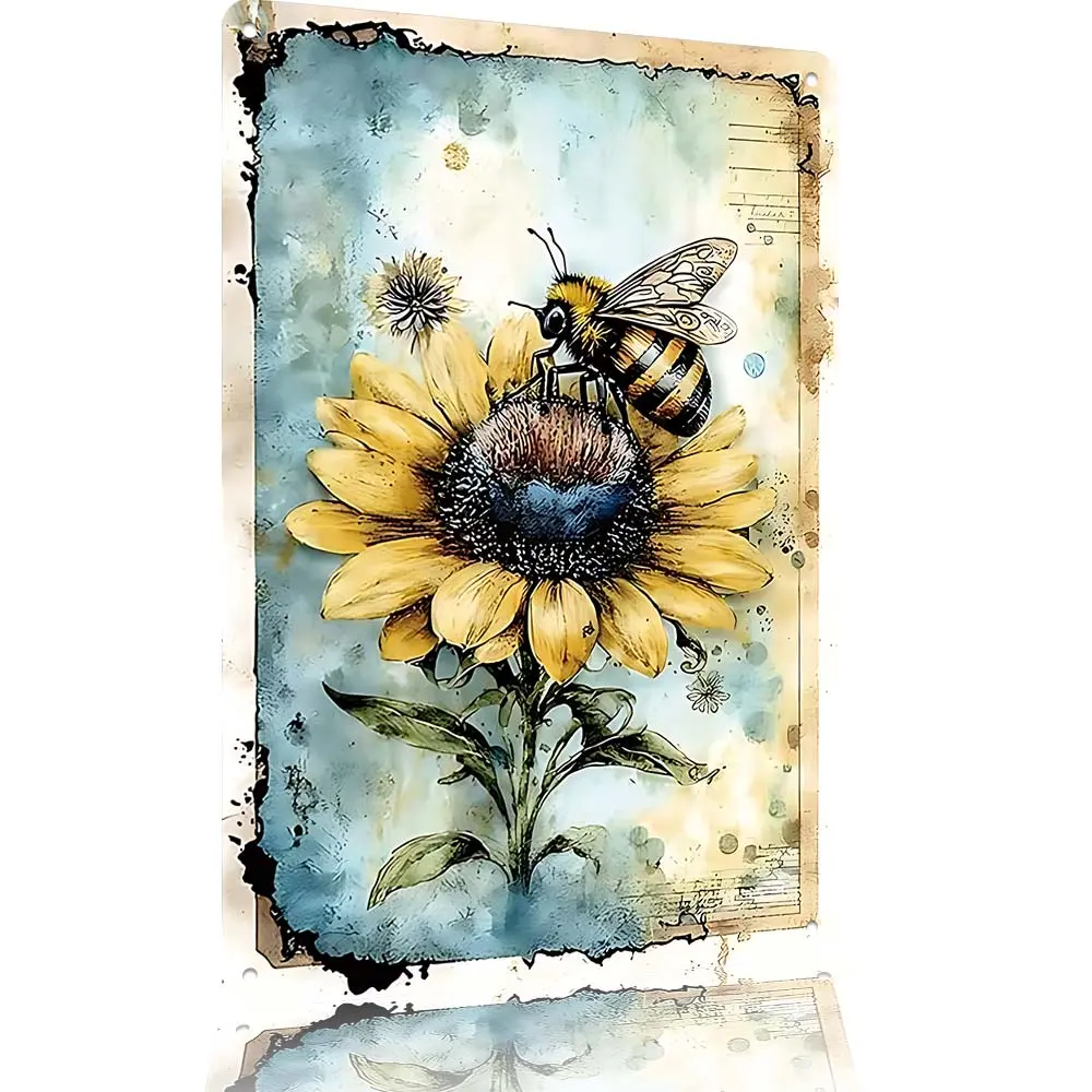 12x8 in Retro Vintage Watercolor Sunflower-Bee Distressed Aluminum Metal Sign, Lightweight Shabby Chic Cottagecore Farmhouse Hanging Wall Plaque, Mountable Kitchen Decor Mother's Day Gift, Room Accessories