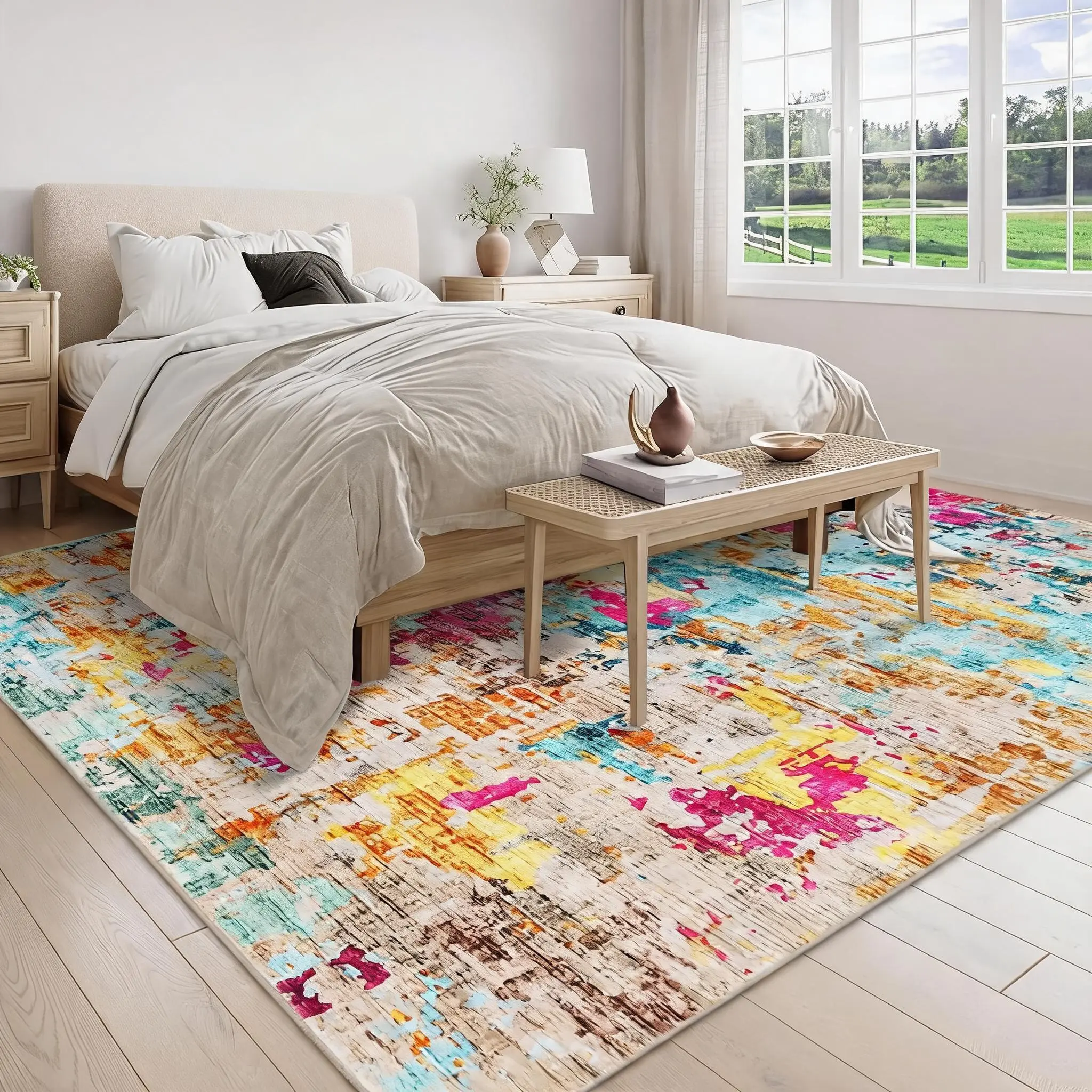 Washable Non-Slip Area Rug, Modern Abstract Soft Thin Low-Pile Collapsible Indoor Living Room Bedroom Office Carpet