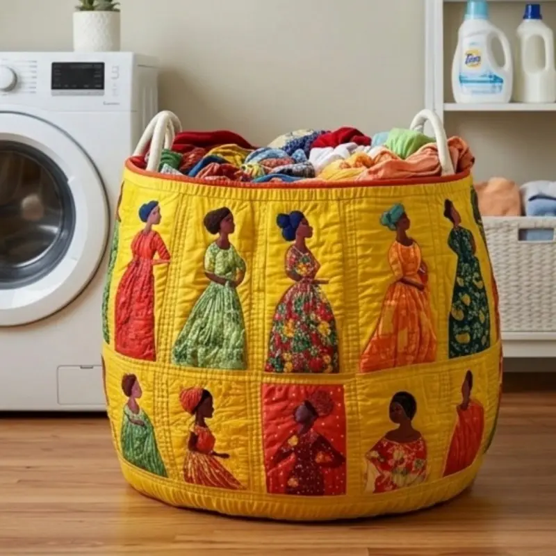 Large Capacity Quilted Laundry Basket Featuring African American Woman in Yellow Floral Dress, Round Clothes Storage Hamper with Sturdy Handles, Quilted Design for Bedroom, Bathroom, and Decorative Laundry Storage