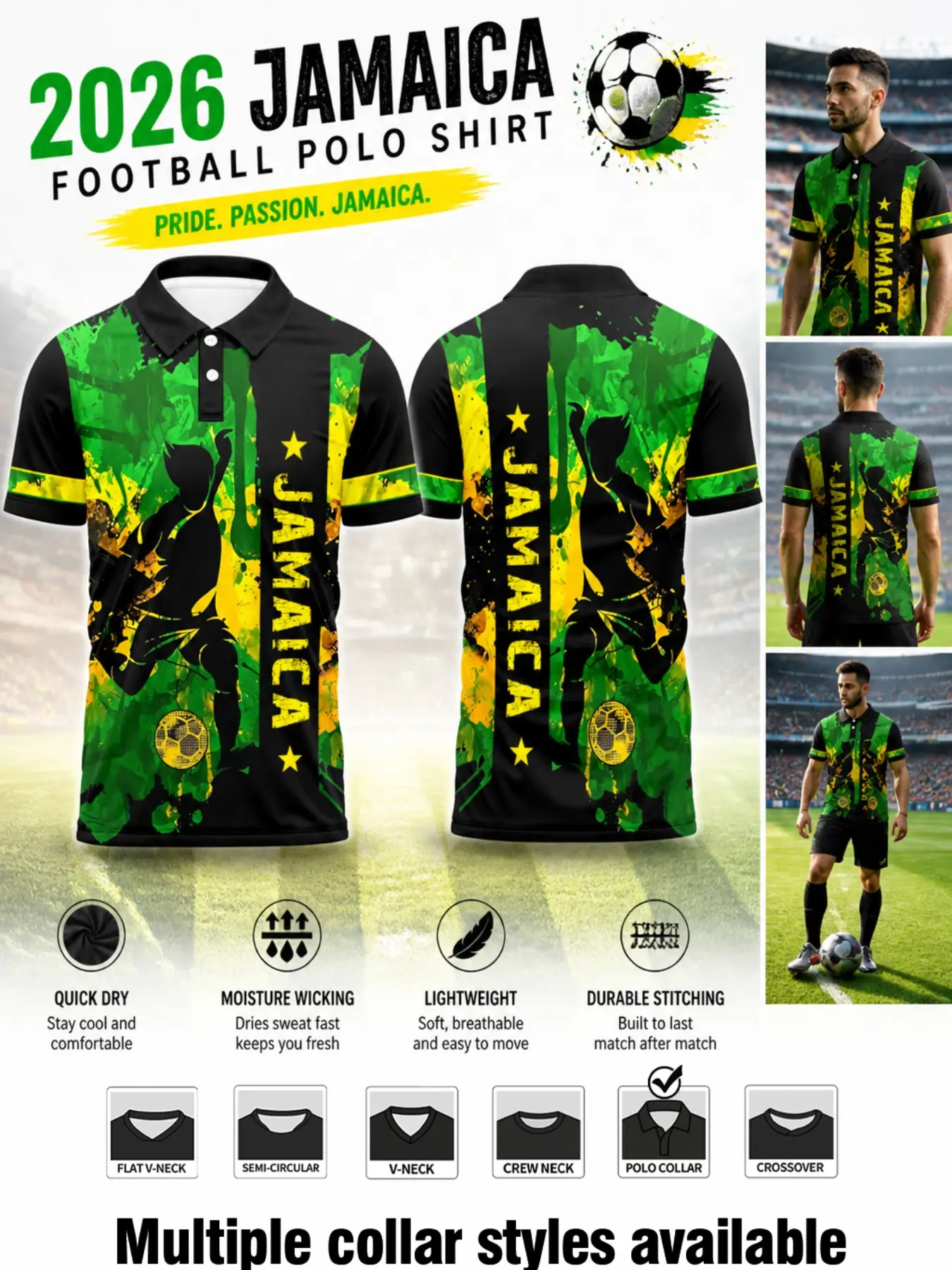 2026 Jamaica Sport Short Sleeve Lightweight Jersey, Football Player Print, Splash, Star Decor, Ideal for Stadium, Outdoor, Streetwear