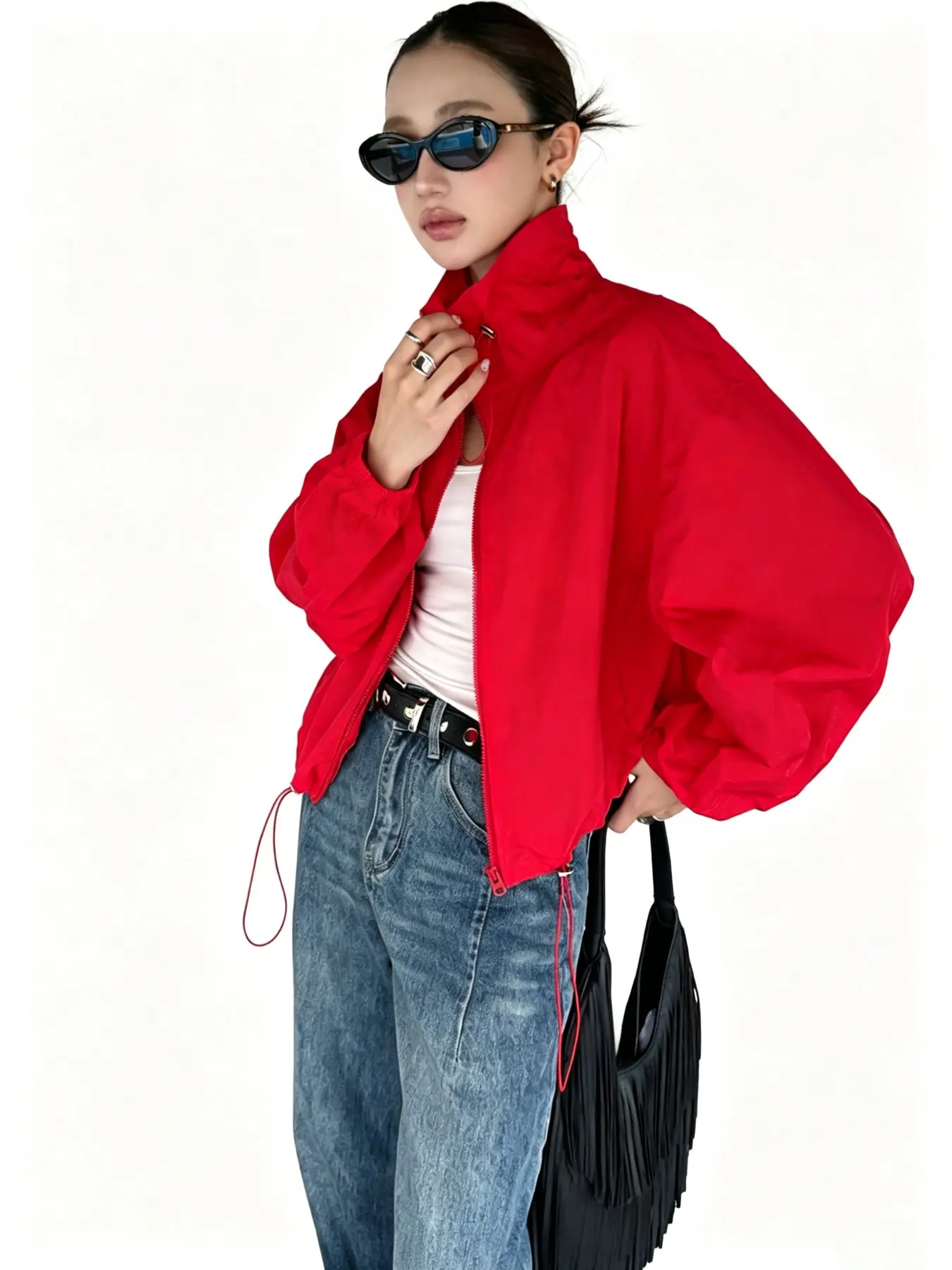 Women's High-Street-Style Bright-Colored Stand-Collar Jacket with Adjustable Drawstring Collar and Hem, Full-Zip Front Outerwear, Casual Outdoor Wear