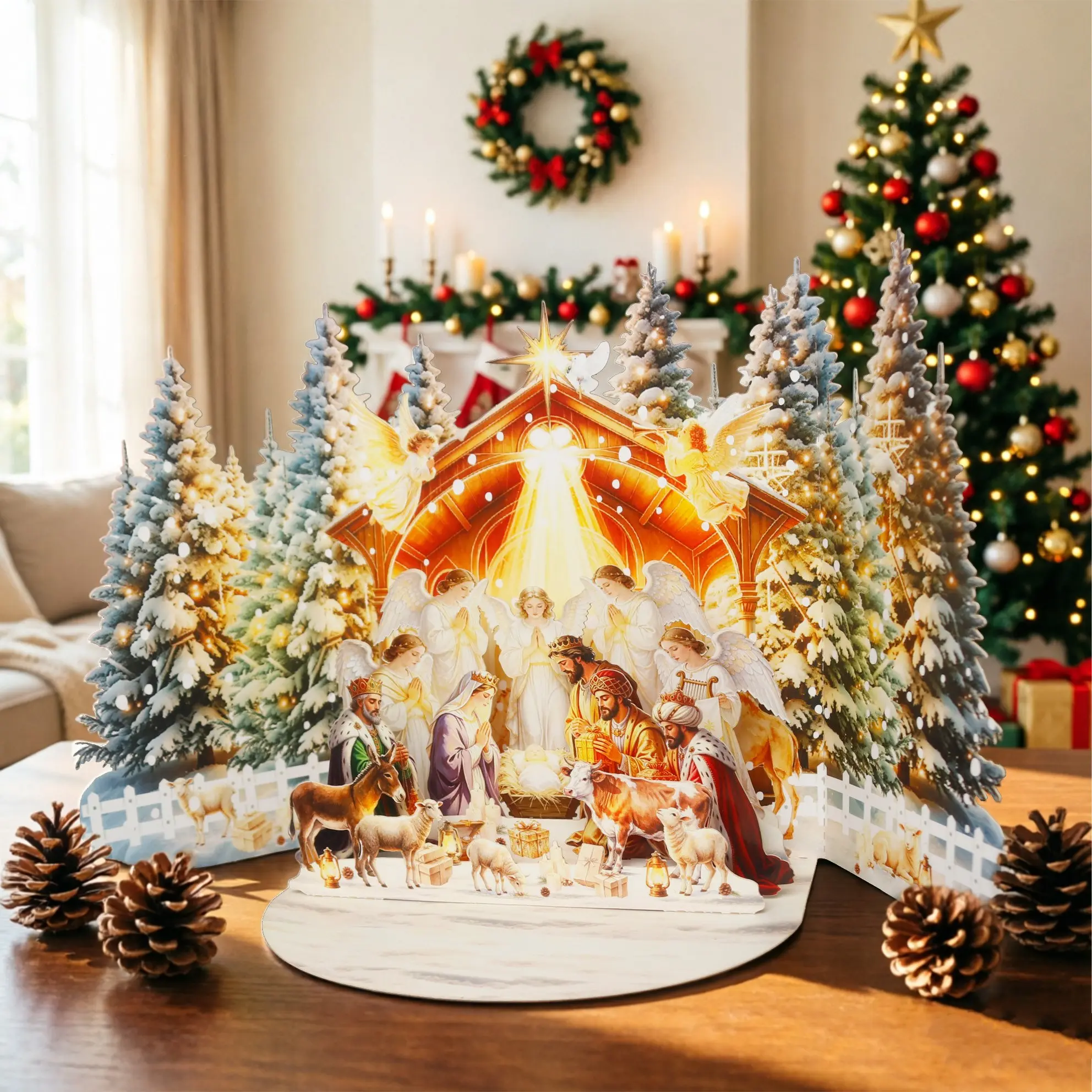 3D Pop-Up Christmas Card with Religious Nativity Scene, Jesus Birth Illustration, Desktop Holiday Decoration, Includes Envelope for Festive Gifting