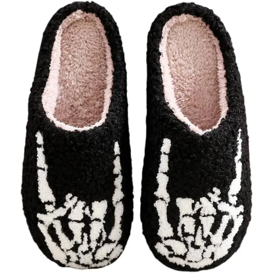 Skeleton Slipper Shoes - Gothic Punk Cozy Indoor Home Wear Shoes for Women, Black Plush Slip-On Winter Footwear, Shoe, Slide