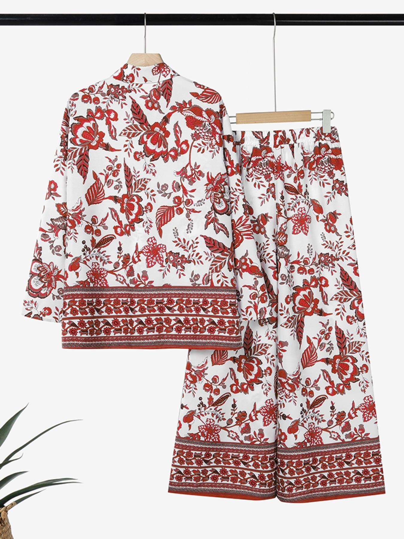 Two-piece Set Women's Leopard Print Button Front Shirt & Elastic Waist Wide Leg Pants, Casual Long Sleeve Pocket Collared Top & Tie Front Trousers for Daily Wear, Ladies Fall & Winter Clothes, Flared Pants Set