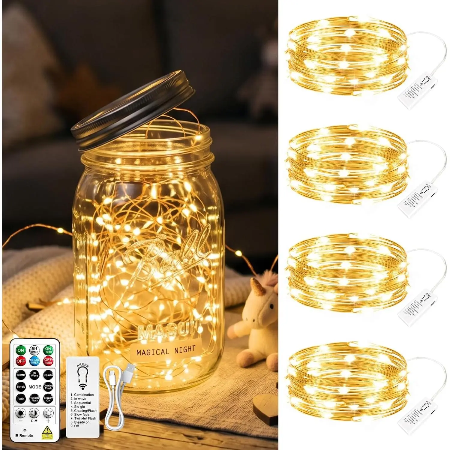4-Pack Rechargeable Fairy Lights with Remote & DIY Timer, 7Ft 20LED Mini Battery String Lights, 8 Modes & Dimmable, Twinkle Copper Wire Lights for Indoor Christmas Bedroom Wedding Decor (Warm White)Gift.