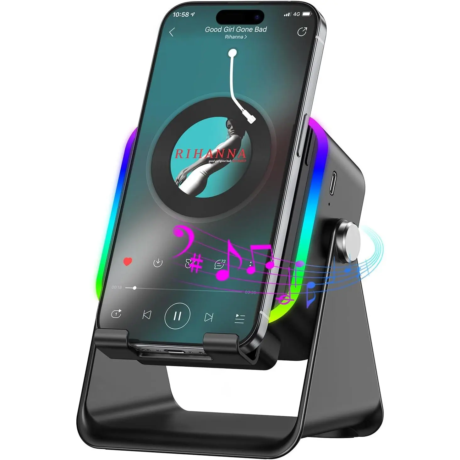 MILOUZ Wireless Induction Speaker 5-in-1 Bluetooth Speaker with Phone Stand | Stereo Sound, 3500mAh Rechargeable, 8 RGB Light, 360° Adjustable Holder for iPhone/Android/iPad,Gifts for Men Women (Black)