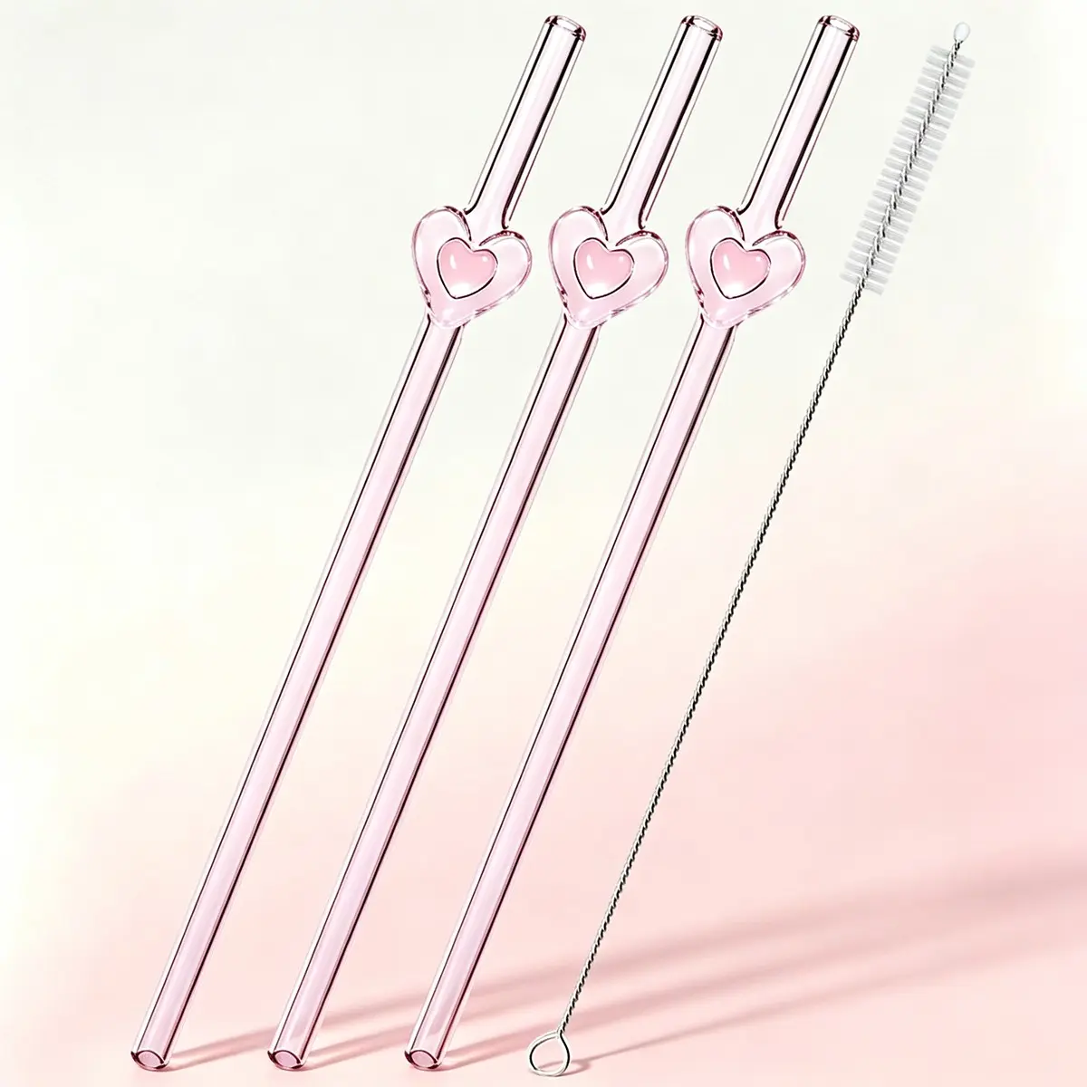 3-Pack Heart-Shaped Glass Straws, High Borosilicate Glass Straw Set with Cleaning Brush, Durable Drinking Straws for Milk Tea, Juice, Cocktail