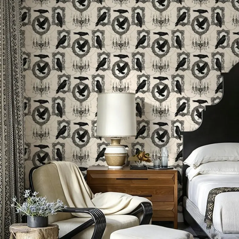 Vintage Gothic Raven Frame Self-Adhesive Wallpaper, Waterproof Vinyl, Halloween Decor, 44x300/500/1000cm, Bedroom, Closet, Entryway, Display Cabinet