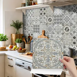 24PCS NHZ Light Blue Beige Retro European Tile Stickers, PVC Crystal Film, Waterproof Oilproof, Self-Adhesive, Removable No Residue, Easy Clean, Glossy Finish, for Kitchen Bathroom Bedroom Home Decor